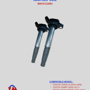 IGNITION COIL 90919-C2003 T. Corolla, T. Camry, T. Highlander, Lexus RX330, Pontiac Vibe This premium-quality replacement part designed to meet OEM specifications. Engineered for reliability and longevity, this ignition coil is compatible with popular models such as the Toyota Corolla, Toyota Camry, Toyota Highlander, Lexus RX330, and Pontiac Vibe. The 90919-C2003 ignition coil provides consistent spark delivery for optimal combustion, reducing misfires, improving fuel efficiency, and ensuring smoother engine operation. Whether you're replacing a failing coil or upgrading to maintain top performance, this ignition coil is the perfect choice for maintaining your vehicle’s factory-quality performance. Crafted with durable materials and precision engineering, it withstands the demands of daily driving and harsh conditions. Installation is quick and hassle-free, ensuring a perfect fit with factory connectors and mounting points. Backed by a manufacturer warranty, the Ignition Coil 90919-C2003 offers peace of mind and dependable performance mile after mile. Key Benefits: OEM-compatible fit for Toyota Corolla, Camry, Highlander, Lexus RX330, Pontiac Vibe Reliable performance with consistent spark delivery Enhanced fuel economy and reduced emissions High-quality materials for long-lasting durability Quick and easy installation with factory fitment Backed by warranty for confidence in quality KEYWORDS: Ignition Coil 90919-C2003 Ignition coil for Toyota Corolla Toyota Camry ignition coil replacement Toyota Highlander ignition coil CAR MODEL Toyota Corolla (2003–2008) Toyota Camry (2002–2011) Toyota Highlander (2004–2010) Lexus RX330 (2004–2006) Pontiac Vibe (2003–2008)